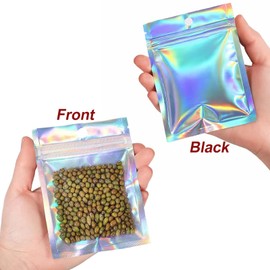 100 PCS Holographic Packaging Bags ziplock bags for small business, Resealable Smell Proof Food Bags Foil Storage Baggies with Clear Window, Heat Sealable Bags for Foods, Jewelry, Lipgloss, Eyelash (5.9x8.7inch)