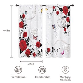 Riyidecor Red Rose Floral Curtains Burgundy Flower Romantic Vintage Elegant Plant Leaves Butterfly Pearl Rod Pocket Retro Pretty Girls Women Bedroom Living Room Treatment Fabric 2 Panels 52Wx84H Inch