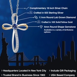Gem Stone King Infinity Cross Necklace For Women | 925 Sterling Silver & 10K Yellow Gold | 4MM Round Gemstone Birthstone & Lab Grown Diamond Cross Faith Pendant Necklace | With 18 Inch Chain