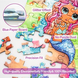 Marlo&Buzz 100-Piece Glitter Jigsaw: Unicorn and Mermaid Princess Puzzles Designed for Kids Ages 4-8. Large Pieces for Little Hands, Easy Daily Fun, Ideal 5-10 Year Old Girls' Gift