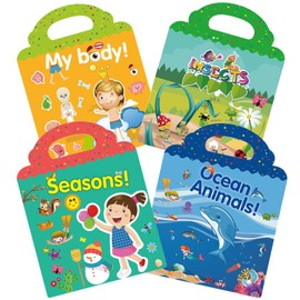 BLAZDEVE 4 Pack Reusable Sticker Books Toys for Kids for 2 3 4-Year-Old Boys Girls, Clear Static Sticker Book for Kids, My body, Insects, Seasons, Ocean Sticker Book Educational Learning Toy