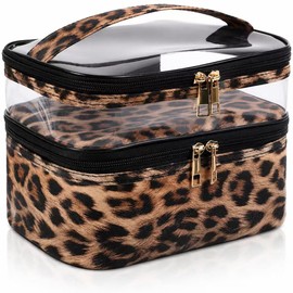 Bolsa de maquillaje de doble capa, bolsa de maquillaje, bolsa grande de viaje, bolsa organizadora para niñas y mujeres, portátil, impermeable, plegable, Leopardo, 8.7" x 6.5" x 5.9", Doble