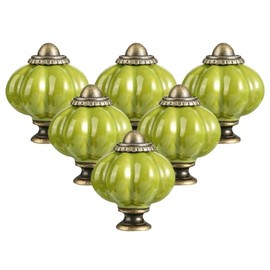 6Pcs Grass Green Pumpkin Knobs Vintage Ceramic Cabinet Knobs Retro Dresser Knobs Pulls with 3 Size Mounting Screws for Door Drawers Closet Cupboard Kitchen Furniture