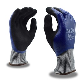 Cordova 3726L Tuf-Cor 13-Gauge HPPE/Glass Fiber Shell Gloves, Blue Nitrile Full Coating, Black Sandy Nitrile Palm Coating, ANSI Cut Level A4, Large