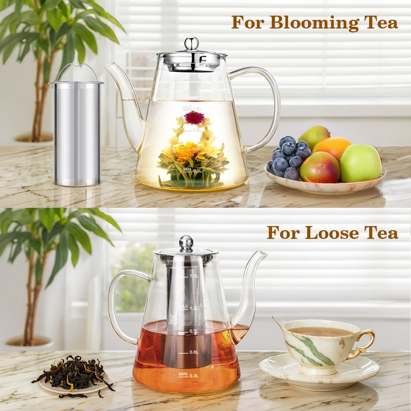 Zpose 1500ml Glass Teapot, Large Tea Pot with Infuser for