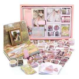 128pzs Journal Scrapbook Vintage Con Libreta Stickers Tape, Kit Estético de Álbumes de Recortes, Bullet Journal Kit Suministros de Albumes de Recortes