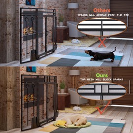 Grandhom Fireplace Screen with Doors and Tools Set,3 Panel Foldable Metal Fireplace Guard,Wrought Iron Fireplace Mesh Screen Stand Tall 32″ Wide 48″,Fireplace Safety Gate with Tool,Tongs,Poker,Black