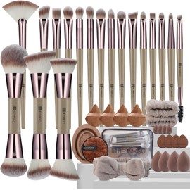 HEYMKGO Brochas de Maquillaje, Set Profesional de Brochas de Maquillaje de 40 Piezas de Doble Punta para Base, Rubor, Corrector, Contorno, Polvo y Sombras de Ojos, Herramientas de Maquillaje con Esponjas y Puffs, Bolsa Transparente para Difuminar, Pulir e