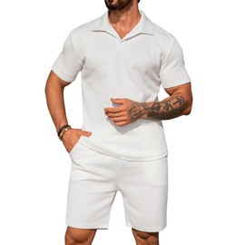 URRU Men's 2 Pieces Short Sets Casual Beach Outfits Short Sleeve Texture shirts Summer Outfits Short Set, White, Medium