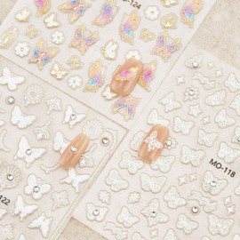 Nail Stickers 6 Sheets 5D Aurora Nail Art Stickers Decals Self-Adhesive Pegatinas Uñas Glitter Self-Adhesive Flower Star Heart Butterfly Nail Art Design Decoration Accessories for Woman Girls,Style9