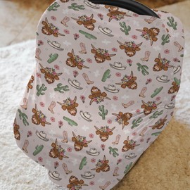 Highland Cows Cactus Car Seat Cover for Babies Pink Western Cowgirl Boots Hats Yak Floral Stretchy 5-in-1 Cover Adjustable Car Canopy Cover Wild West Country Breathable Nursing Cover-Up Cowgirl