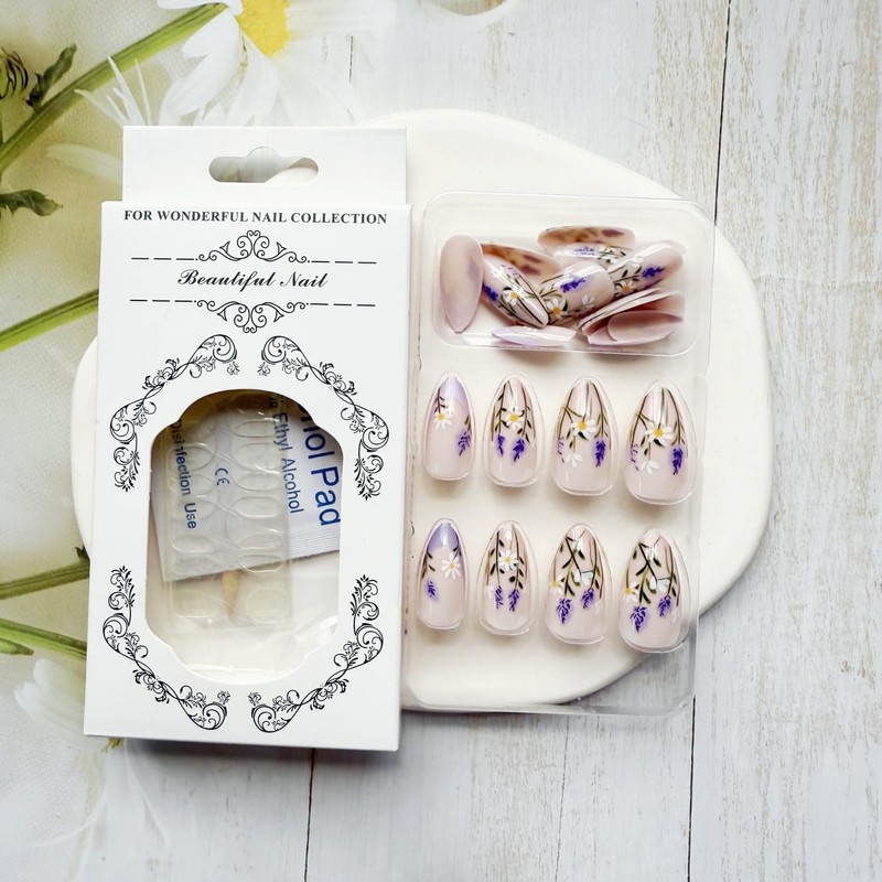 Almond Flower Press on Nails Medium Fake Nails Glossy Purple