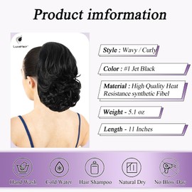LuxeHair 11” Classic Loose Curly Claw Clip In Ponytail Extension, Short Curly Wavy Claw Clip On Ponytails Hair Extensions Hairpieces for Women- Jet Black