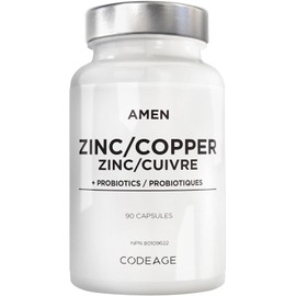 Amen Zinc & Copper + Probiotic Supplement – Zinc Bisglycinate 50 mg, Copper Glycinate 2 mg, Bacillus subtilis 2 Billion CFU – 3-Month Supply – 90 Vegan Capsules