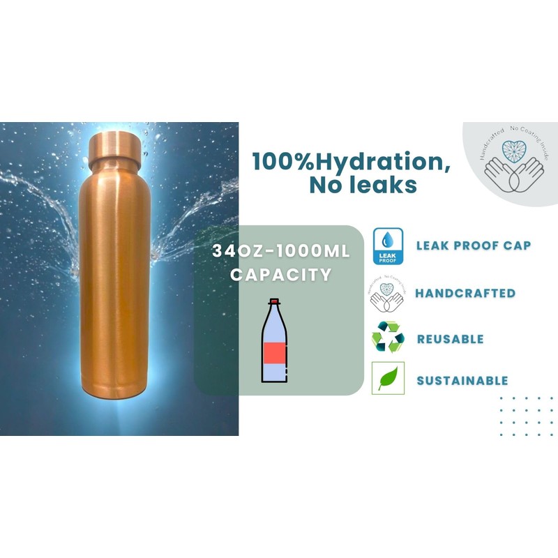 Copper Bottle (34oz/1000ml) Unique Large,100% Pure Copper, Handmade Bottle for