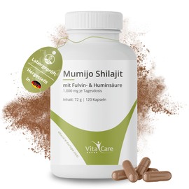 VitaCare Mumijo Shilajit Kapseln, 120 vegane & hochdosierte Kapseln mit 100% reinem Himalaya Shilajit-Extrakt, 1000mg pro Tagesdosis mit 62% Fulvin- & Huminsäure, 120 Kapseln