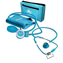Kit Baumanómetro Aneroide + Estetoscopio Doble, Manómetro de Carátula Amplia, Brazalete de Nylon Reforzado, Manguera y Perilla de Silicón, Estetoscopio Doble Campana Profesional (Azul cielo) - CHECK A TEK WE CARE ABOUT YOU