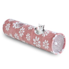 Yaning Straight Cat Tunnel for Indoor Cats 47"x12", Cute Cat Toys Collapsible Tunnel Tube with Balls for Puppy Kitten Rabbit, Pink Flower