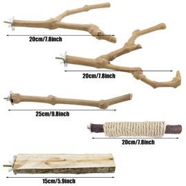 Allazone 6 PCS Bird Perch Stand Natural Wood Standing & Hanging with Rope, Bird Cage Accessories for Small Parrots