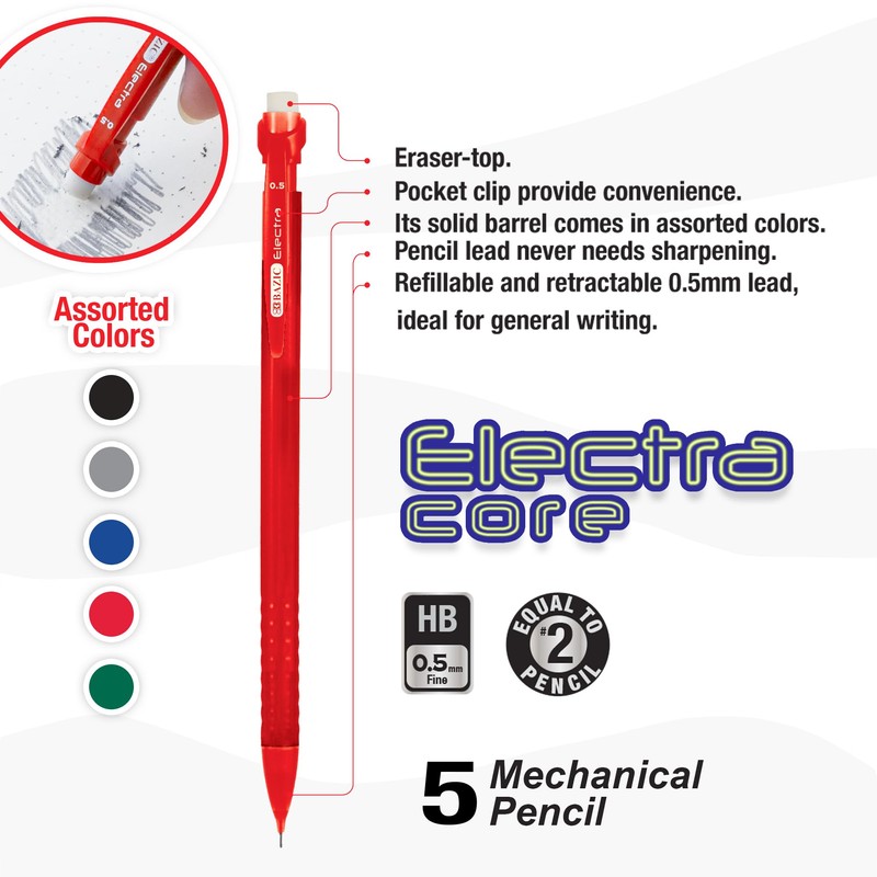 BAZIC Mechanical Pencil Electra Core 0.5mm, Smooth Writing Pencils Lead,