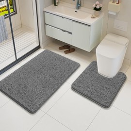 AROGAN Bathroom Rug Sets 2 Piece, 20"x20" U-Shaped Toilet Mat and 21"×34" Bath Mats Bathroom Floor Set, Machine Washable Bath Rug Set, Absorbent and Dry Quickly, Soft Non Slip Bathroom Rug Set, Grey
