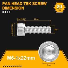 DTGN M6-1x22 Socket Head Cap Screws Bolts - 20Pack - Good for Road Bicycle, Mountain Bike, Auto, Motorcycle - 304 Stainless Steel Hex Head Metric Screws - Silver