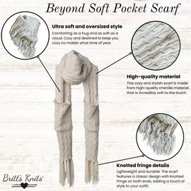 Britt's Knits Winter Knit Chenille Knotted Fringe Pocket Scarf for Women - Oatmeal