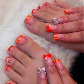 48Pcs Orange Press on Nails French Tip Press on Toenails Set Duck Fake Nails with Rhinestone Design Flower Glue on Toe Nails Glossy Artificial Acrylic Full Cover for Women Manicure