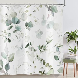 ASDCXZ Leaves Shower Curtain 180 x 180 cm, Spring Hand-Painted Simplicity Green Eucalyptus Leaves White Bathroom Washable Shower Curtains Polyester Textile Waterproof Bath Curtain for Bath with 12