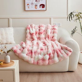 chovy Pink White Blanket for Couch - Bread Grid Rabbit Plush Soft Warm Blanket for Sofa Livingroom Bedroom Dorm Decor - 50x60 Inches
