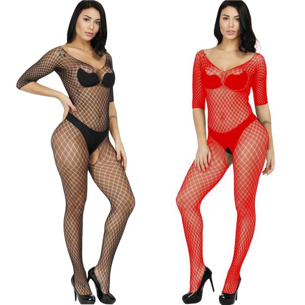 2 Pack Women's Fishnet Sheer Open Crotch Underwear Bodystockings Body Stocking Bodysuit Lingerie Plus Size (Black + Red)