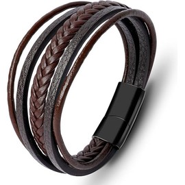 shegenfaiya Men Leather Bracelet Multi-Layer Braided Genuine Leather with Stainless Steel Clasp, Brown Braided Leather Bracelet for Men, Mens Leather Wristband