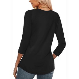 Poetsky 3/4 Sleeve Summer Tops Ladies Plain V Neck Tee Shirts for Women Trendy 2024 Black XXL
