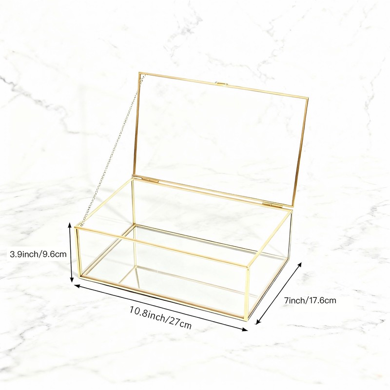 Feyarl Gold Glass Jewelry Box Clear Keepsake Photo Box Trinket
