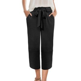 Colormagic Womens Wide Leg Capri Pants Elastic High Waisted Adjustable Knot Pants Loose Casual Trousers with Pockets (Black,L)