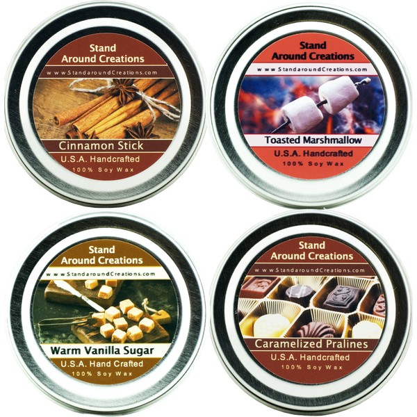 Set of 4- Premium 100% All Natural Soy Wax Aromatherapy Candle Tins: Cinnamon Stick, Caramelized Pralines, Toasted Marshmallow & Warm Vanilla Sugar. 2 oz. Each - Naturally Strong, Highly Scented.