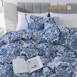 PERHOM Blue Duvet Cover King - Paisley Damask Duvet Cover King Size, 3 Pieces 100% Cotton Cover Set, Ultra Soft Bedding Duvet Covers for All Season, 104"x90", No Comforter