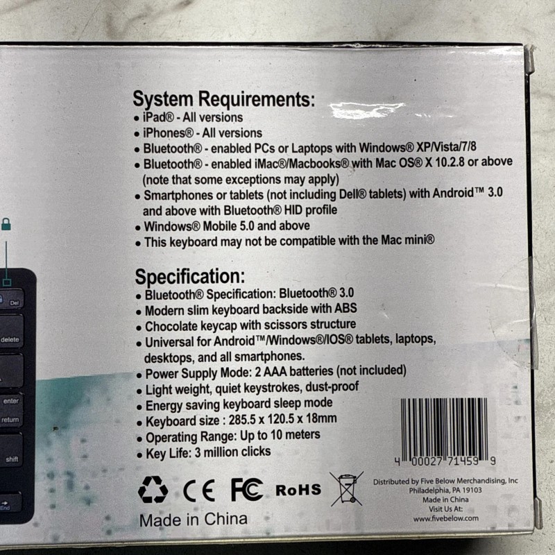 five below Bluetooth Wireless Keyboard Black With black Keys NEW