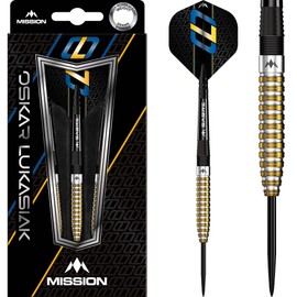 Mission | Oskar Lukasiak Darts | Steel Tip Darts Set | 95% Tungsten Barrel | Black & Gold PVD | Available in Multiple Weights. (24, Grams)