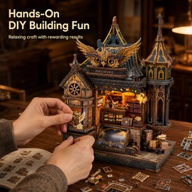 462-Piece DIY Owl Post Office Miniature House Kit – Wooden 3D Model with Furniture & LED Lights for Adults and Teens