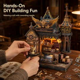 462-Piece DIY Owl Post Office Miniature House Kit – Wooden 3D Model with Furniture & LED Lights for Adults and Teens