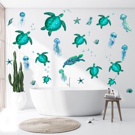 Ocean Sea Turtle Wall Decal, Under The Sea Green Turtle Wall Stickers, Vivid Jellyfish Starfish Shell Bubble Vinyl Decor, Removable DIY Art Wall Decors Mural for Kids Bedroom, Baby Nursery, Bathroom