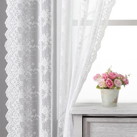 Kotile White Lace Cafe Curtains 45 Inch Length for Kitchen Window, Embroidered Rustic Vine Floral Short Lace Curtains 2 Panels, Rod Pocket Privacy Lace Window Curtains, 52 x 45 Inch, 1 Pair, White