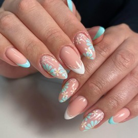 BQZQPAMZ 24pcs Green French Tip Press On Nails Flower Full Coverage Acrylic Nails Medium Almond Fake Nails Spring Press On Fingernails for Women Floral Nail Art Decoration Supplies