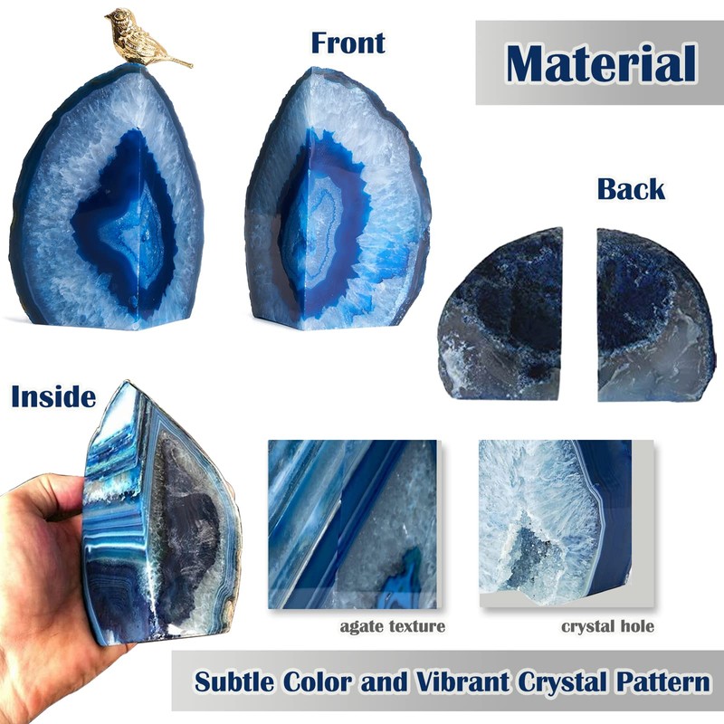 Yougoals Blue Agate Bookends for Shelves, Geode Crystal Book Ends