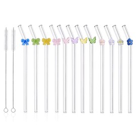 JINGIHE 12Pcs Reusable Glass Straws, Glasses Straw Shatter Resistant with 2 Cleaning Brushes, Colorful Bend Milkshake Straws for Drink Smoothies Juices Water Teas Coffee(Colorful Bow Butterfly Flower)