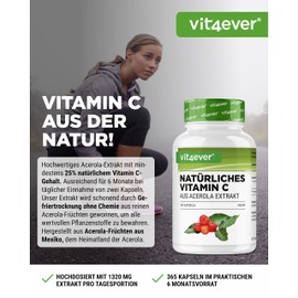 Natural Vitamin C from Acerola Extract - 365 Capsules - High Dose - Premium Raw Material - No Unwanted Additives - Vegan