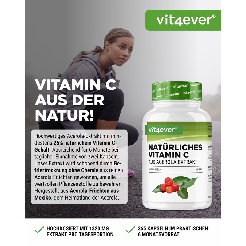 Natural Vitamin C from Acerola Extract - 365 Capsules -