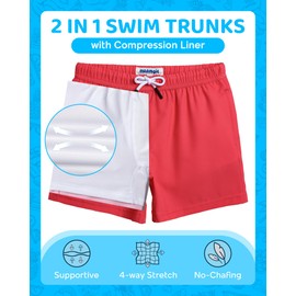 maamgic Boys Swim Trunks with Compression Liner 4-Way Stretch Quick Dry Swim Shorts Swimming Trunks Toddler Boy Hot Coral White 4T