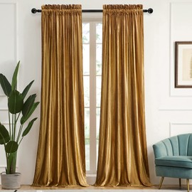 PRIMROSE Gold Curtains 90 inch for Living Room Velvet Blackout Rod Pocket Window Drapes Treatment Semi Room Darkening Decor Golden Curtains for Bedroom Set of 2 Panels